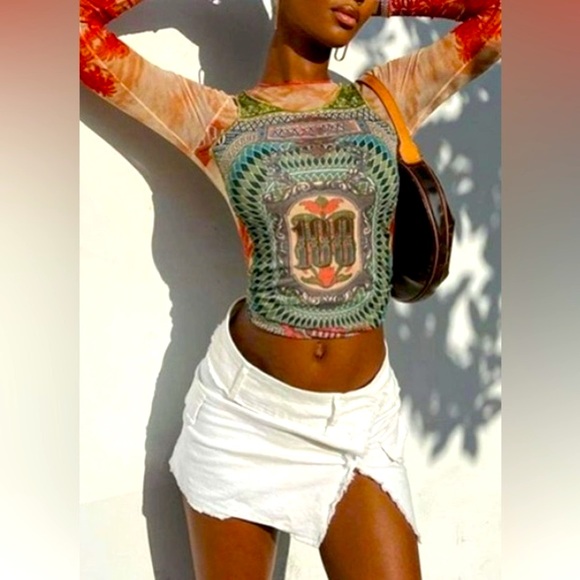 Unique Banknote Long Sleeve Graphic Crop Sexy Mesh Sheer Streetwear T Shirts - Picture 5 of 15